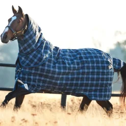 Horseware - Couverture d'extérieur Rhino plus Turnout Lite avec couvre-cou carreaux/ indigo 0g Marine Hot