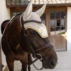 Discount Kentucky Horsewear - Bonnet pour chevaux Wellington Velvet Printing spring leaves whispers marron/ blanc Beige