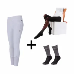 New Kingsland - Pack Legging d'équitation femme KLKatja W E-Tec K-Grip + Collant thermique femme Smart Layer noir + Chaussettes d'équitation KLVidalia Show pack (x3) Blanc